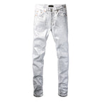 PURPLE  Men Streetwear Jeans Metallic Silver Coated Finish with Futuristic Shine Skinny Fit Statement 9110
