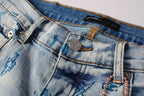 PURPLE  Men Streetwear Skinny Jeans Light Blue Wash with White Paint Brush Strokes 9063