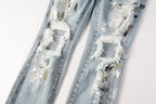 PURPLE  Men Streetwear Jeans Light Blue Paint Splash Distressed Ripped skinny 9100