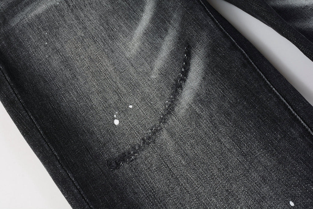 PURPLE   Men Streetwear Skinny Jeans Black - Gray Fade Wash with White Paint Specks 9027