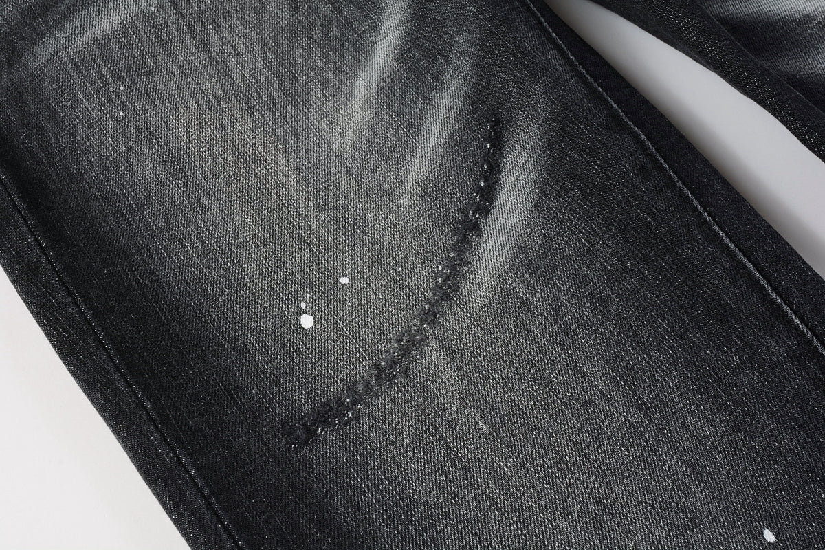 PURPLE   Men Streetwear Skinny Jeans Black - Gray Fade Wash with White Paint Specks 9027