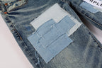 PURPLE  Men Streetwear Skinny Jeans Light Blue Wash with Patchwork Distressed Details 9015