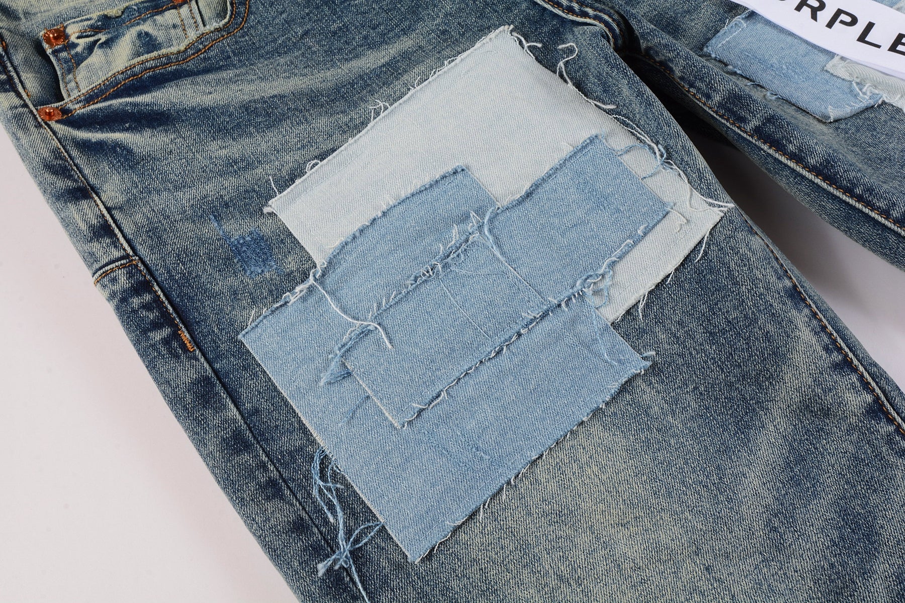 PURPLE  Men Streetwear Skinny Jeans Light Blue Wash with Patchwork Distressed Details 9015