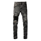 PURPLE  Men Classic Streetwear Jeans Distressed Grey Ripped skinny Fit 9103