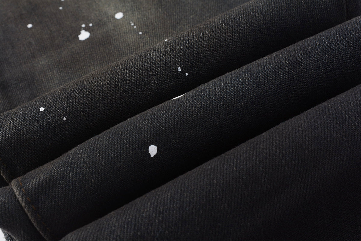PURPLE  Men Streetwear Skinny Jeans Dark Gray Wash with White Paint Splatter and Brush Strokes 9036