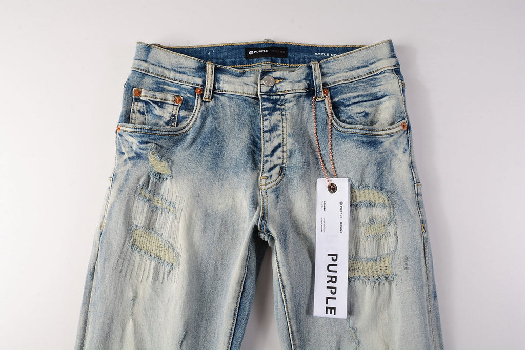 PURPLE  Men Streetwear Skinny Jeans Light Blue Wash with Heavy Distressed Rips 9050
