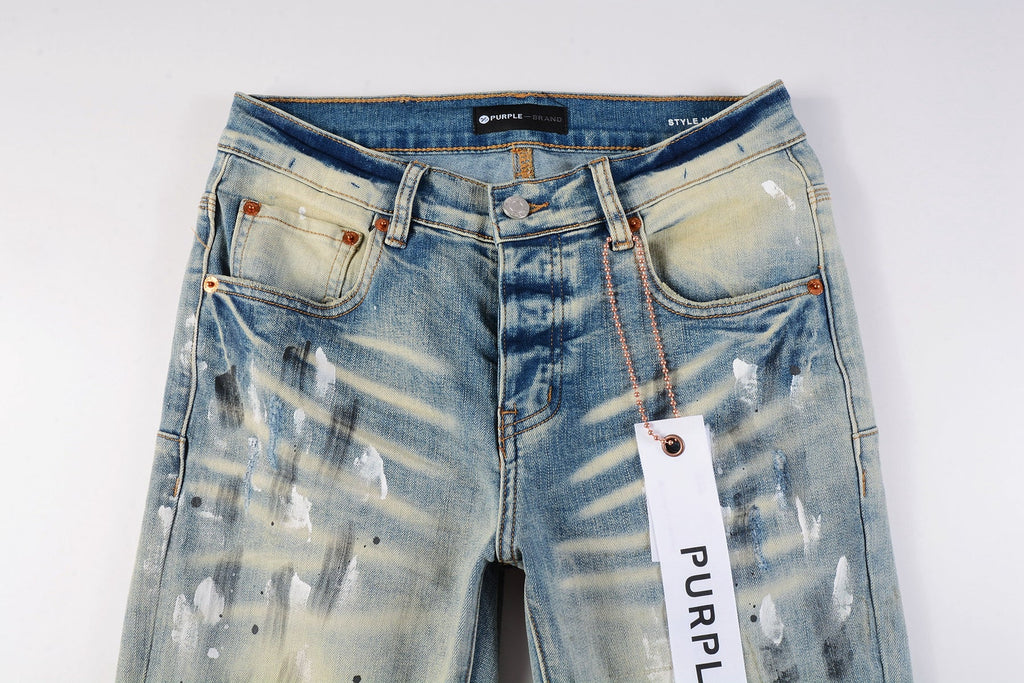 PURPLE  Men Streetwear Skinny Jeans Light Blue Wash with White Paint Splatter and Distressed Rips 9007
