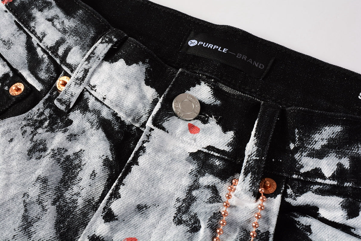 PURPLE  Men Streetwear Skinny Jeans Black and White Graffiti Wash with Multi - Color Paint Accents 9020