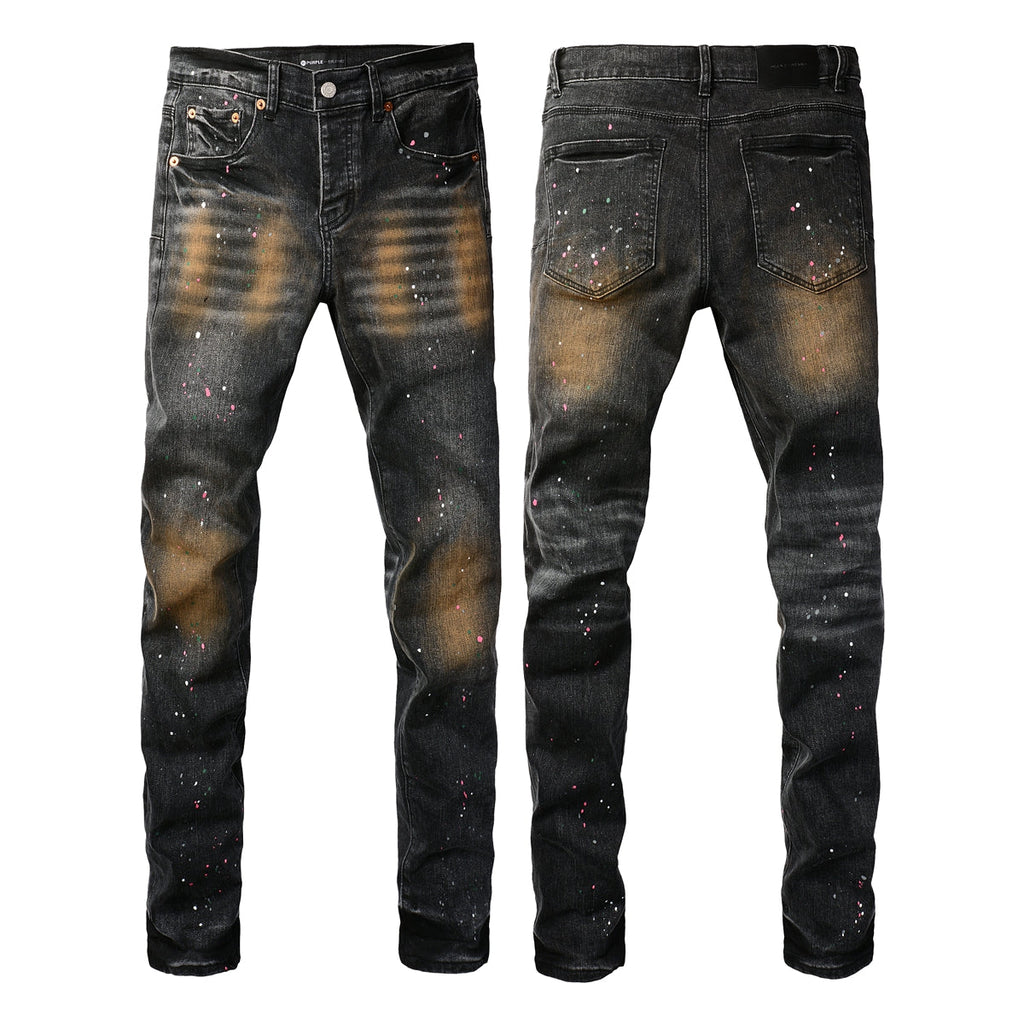 PURPLE  Men’s Black Skinny Jeans with Rust-Toned Wash and Multicolor Paint Splatter Artistic Distressed Street 9109