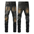 PURPLE  Men’s Black Skinny Jeans with Rust-Toned Wash and Multicolor Paint Splatter Artistic Distressed Street 9109