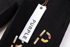 PURPLE  Men Streetwear Skinny Jeans Black Wash with All-Over Metallic Gold "P" Print 9008