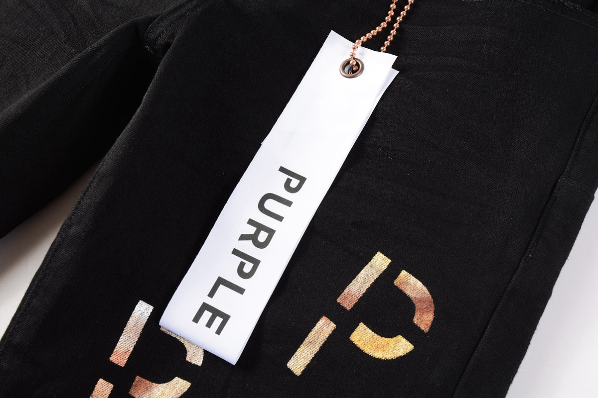 PURPLE  Men Streetwear Skinny Jeans Black Wash with All-Over Metallic Gold "P" Print 9008