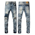 PURPLE  Men Streetwear Jeans Distressed Light Blue Patch Leopard Ripped skinny 9095