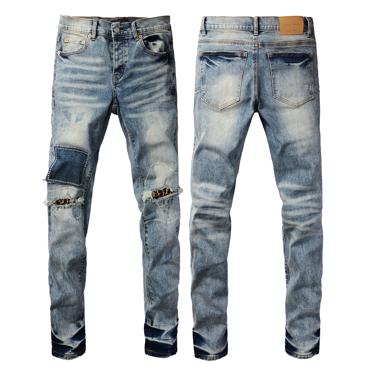 PURPLE  Men Streetwear Jeans Distressed Light Blue Patch Leopard Ripped skinny 9095