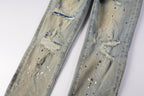 PURPLE  Men Streetwear Skinny Jeans Light Gray Wash with Multi-Color Paint Splatter and Distressed Patches 9071