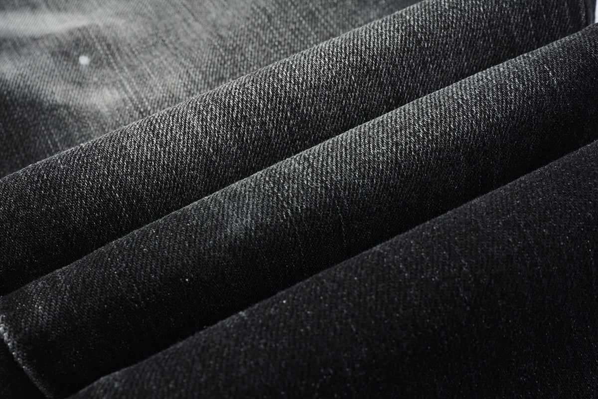 PURPLE   Men Streetwear Skinny Jeans Black - Gray Fade Wash with White Paint Specks 9027