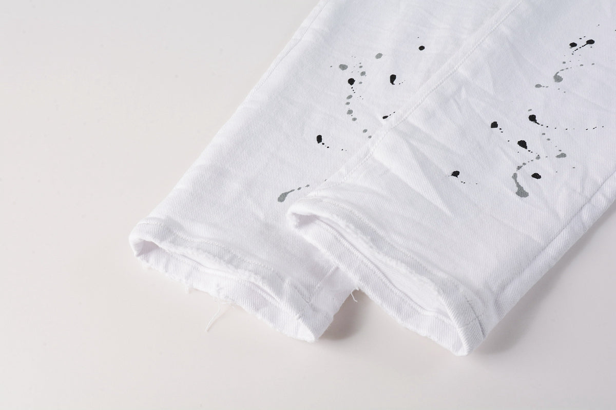 PURPLE   Men Streetwear Skinny Jeans White Wash with Black Paint Splatter and Distressed Rip 9021