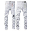 PURPLE   Men Streetwear Skinny Jeans White Wash with Black Paint Splatter and Distressed Rip 9021
