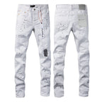 PURPLE   Men Streetwear Skinny Jeans White Wash with Black Paint Splatter and Distressed Rip 9021