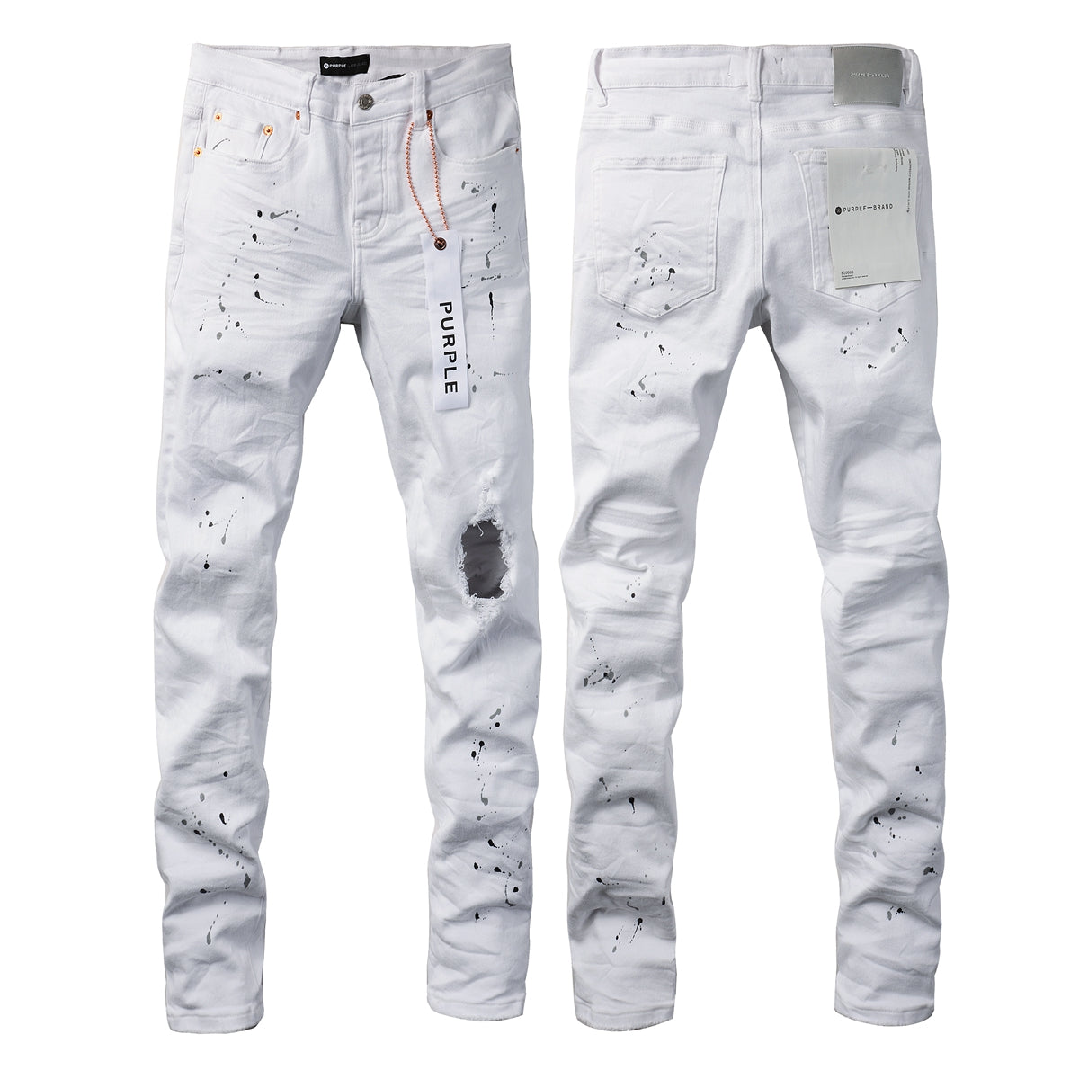 PURPLE   Men Streetwear Skinny Jeans White Wash with Black Paint Splatter and Distressed Rip 9021