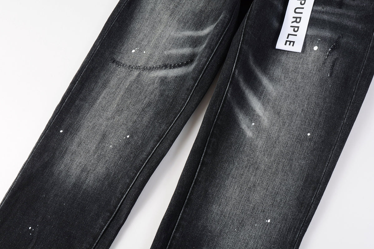 PURPLE   Men Streetwear Skinny Jeans Black - Gray Fade Wash with White Paint Specks 9027