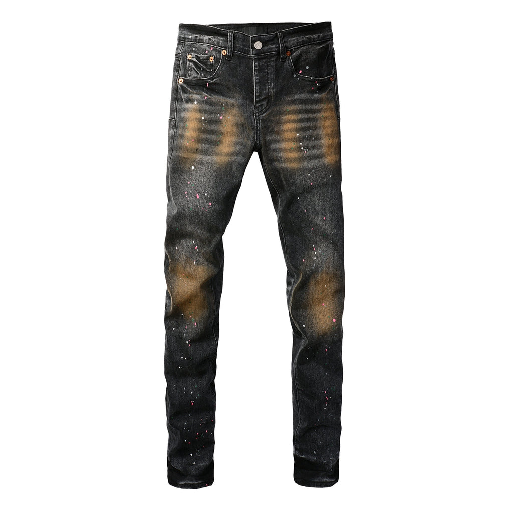 PURPLE  Men’s Black Skinny Jeans with Rust-Toned Wash and Multicolor Paint Splatter Artistic Distressed Street 9109