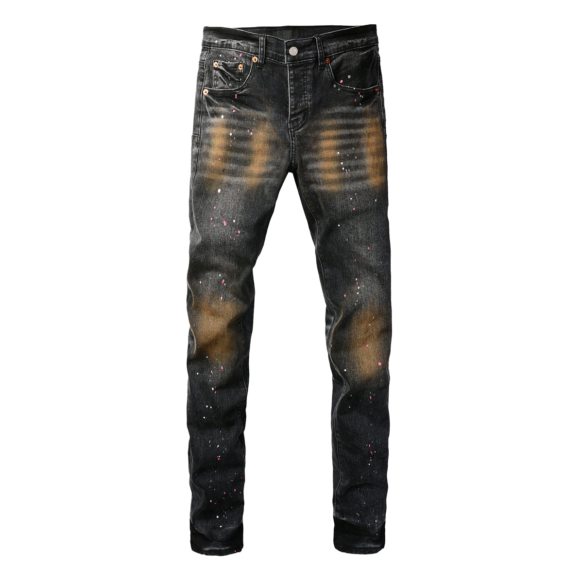 PURPLE  Men’s Black Skinny Jeans with Rust-Toned Wash and Multicolor Paint Splatter Artistic Distressed Street 9109