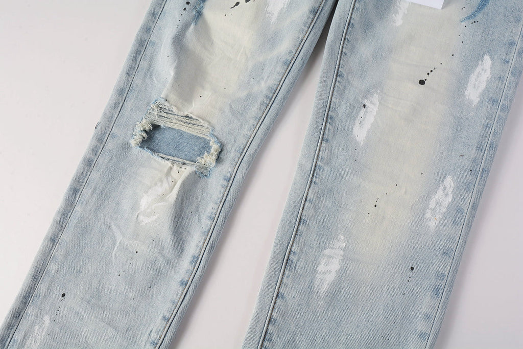 PURPLE  Men Streetwear Skinny Jeans Light Blue Wash with White Paint Splatter and Subtle Distress 9006