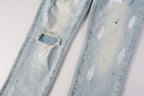 PURPLE  Men Streetwear Skinny Jeans Light Blue Wash with White Paint Splatter and Subtle Distress 9006