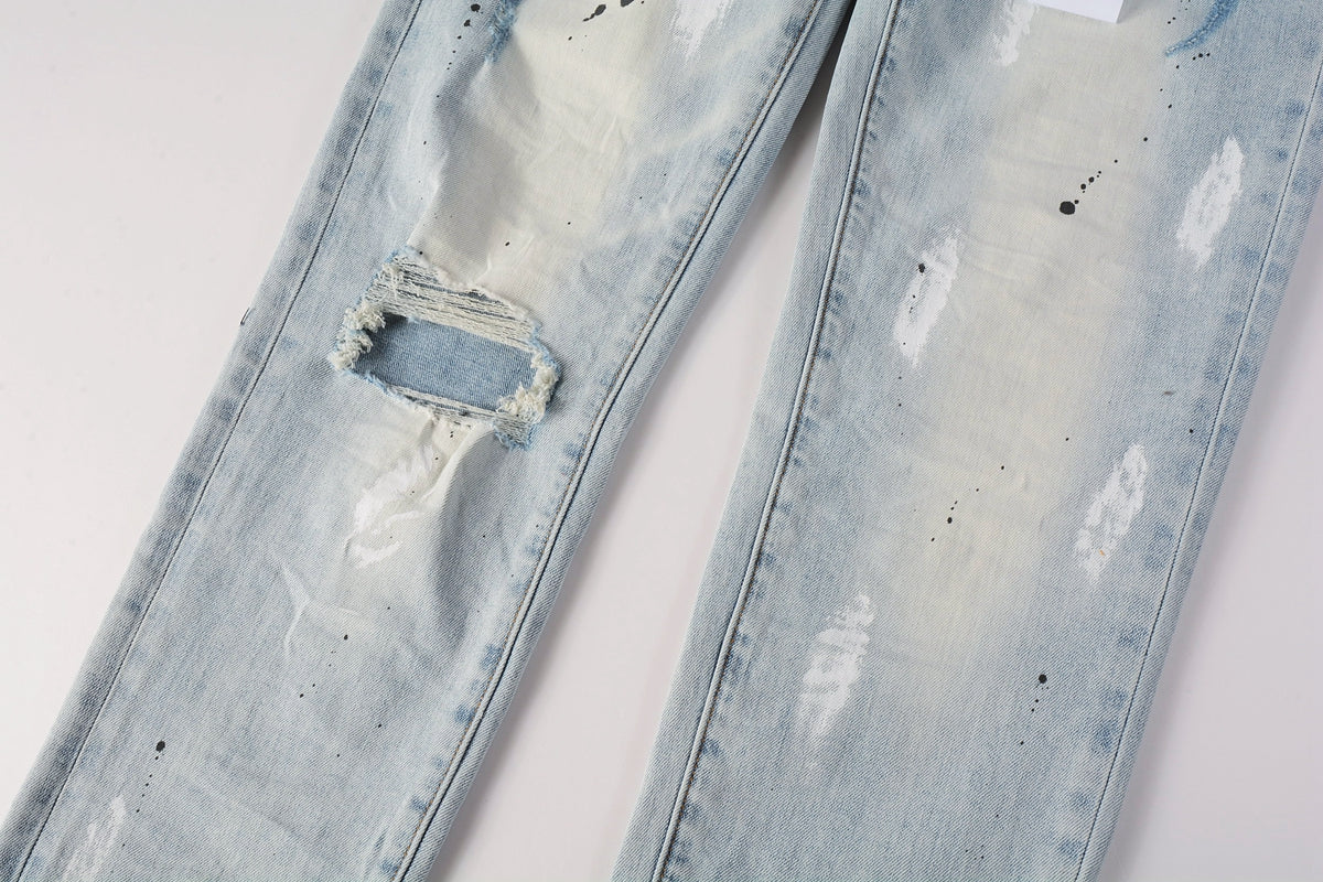 PURPLE  Men Streetwear Skinny Jeans Light Blue Wash with White Paint Splatter and Subtle Distress 9006