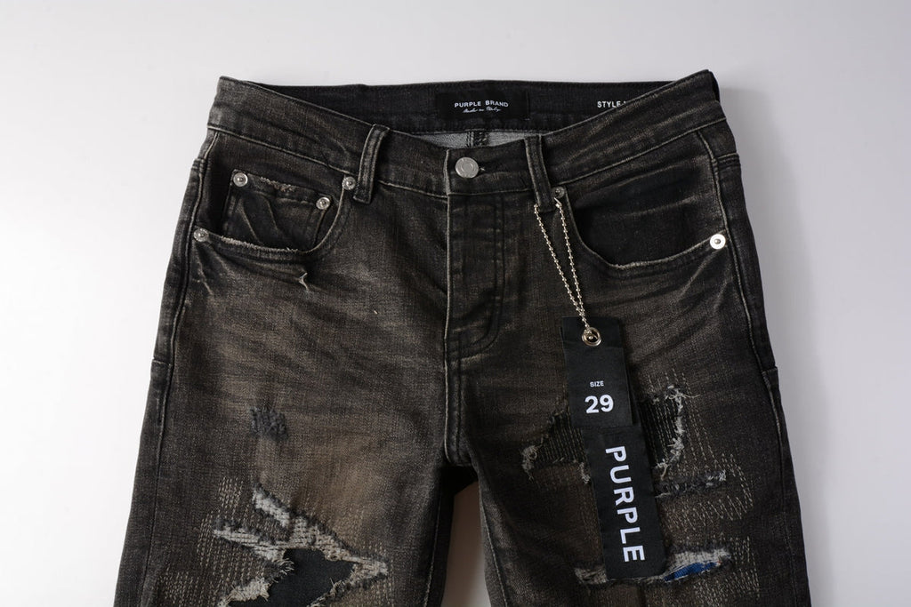 PURPLE  Men Streetwear Skinny Jeans Dark Gray Wash with Multi - Color Patched Distressed Details 9080