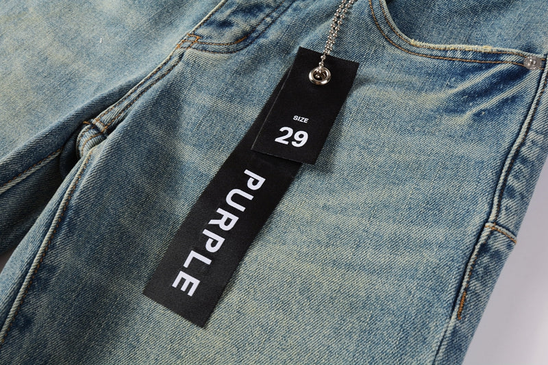 PURPLE  Men Streetwear Skinny Jeans Light Blue Wash with Distressed Ripped Knee Details 9076