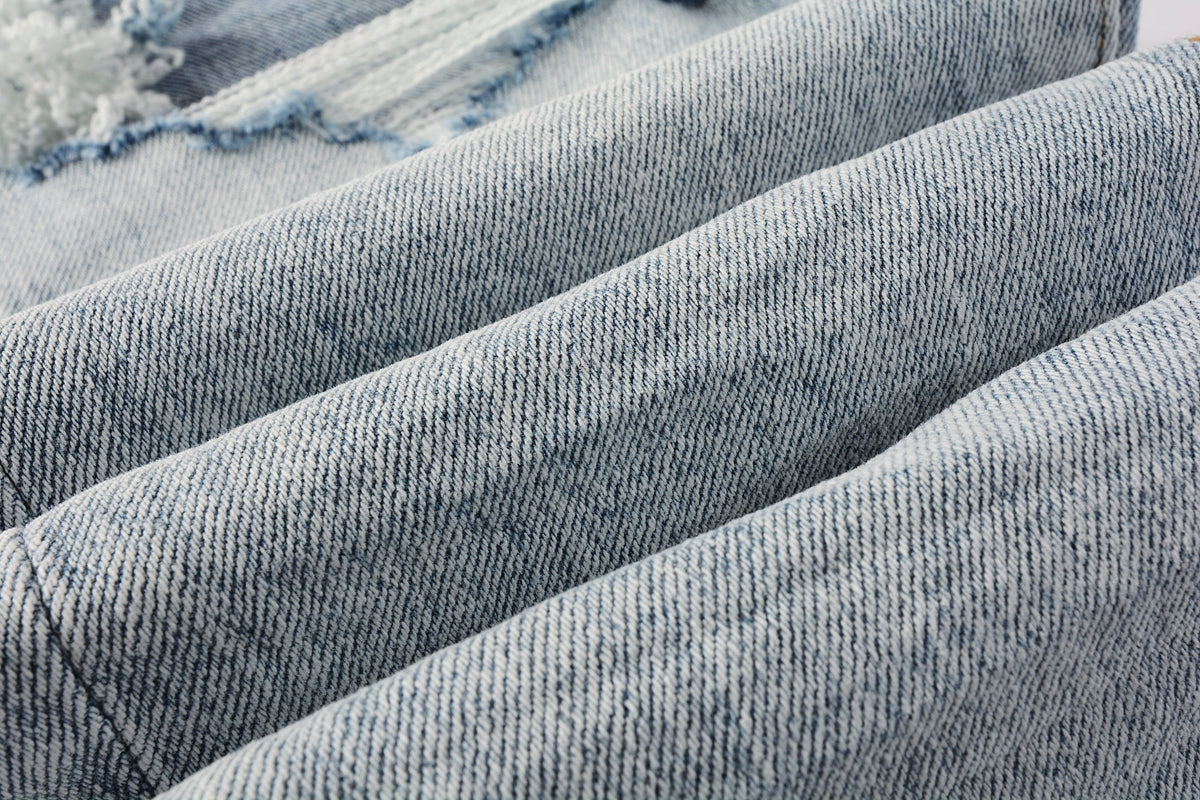 PURPLE   Men Streetwear Skinny Jeans Light Blue Wash with Knee Ripped Details and Black Lining 9010