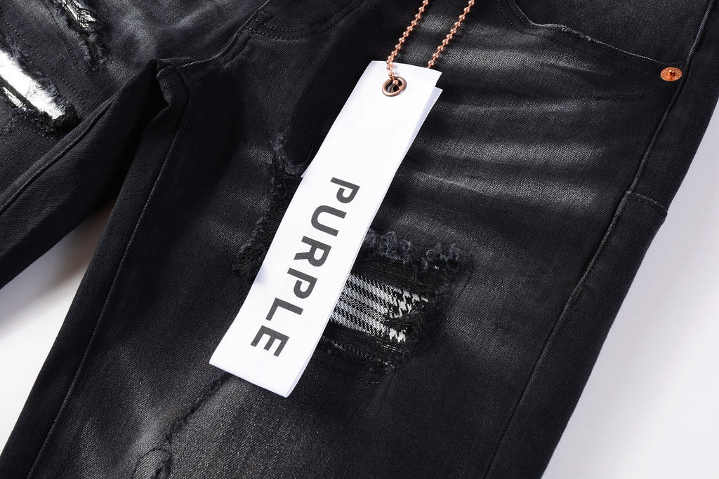 PURPLE  Men Streetwear Skinny Jeans Black Wash with Distressed Rips, Checkered Patches and White Paint Splatter 9001