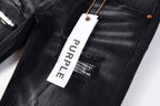 PURPLE  Men Streetwear Skinny Jeans Black Wash with Distressed Rips, Checkered Patches and White Paint Splatter 9001