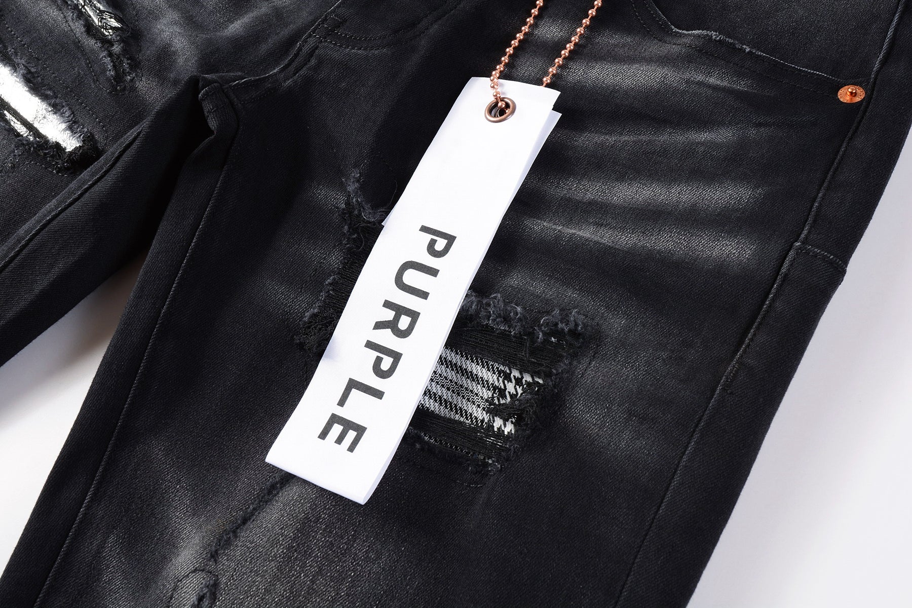 PURPLE  Men Streetwear Skinny Jeans Black Wash with Distressed Rips, Checkered Patches and White Paint Splatter 9001