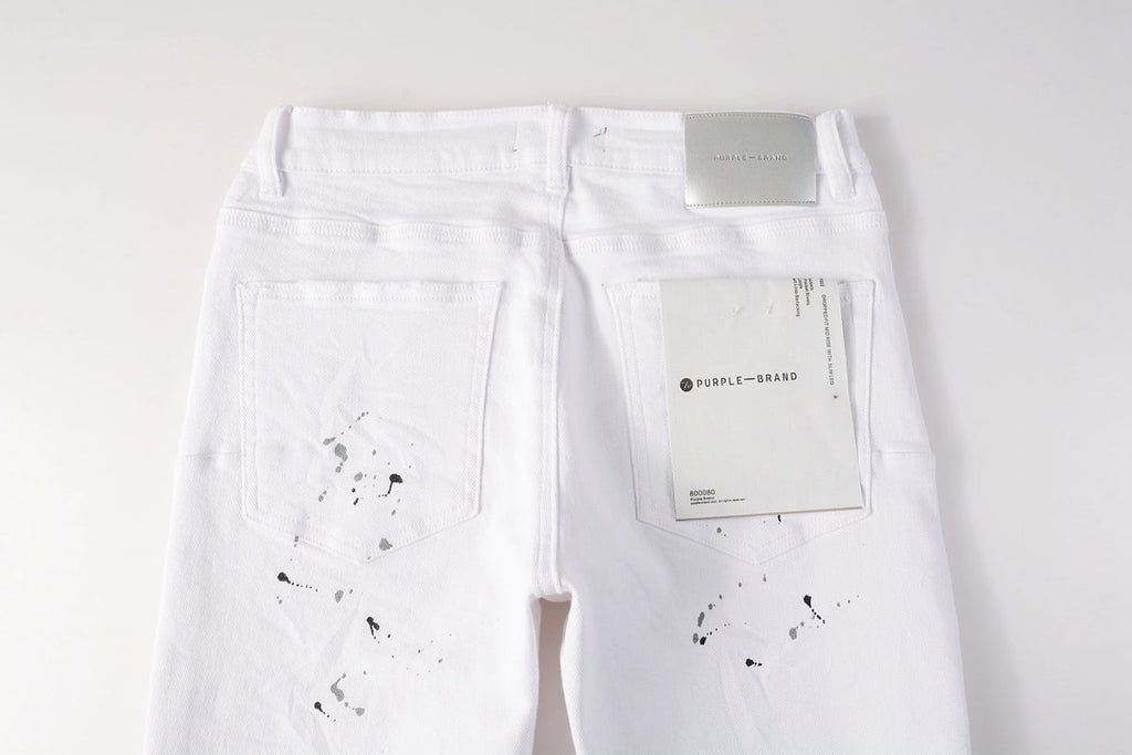 PURPLE   Men Streetwear Skinny Jeans White Wash with Black Paint Splatter and Distressed Rip 9021