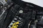 PURPLE  Men Streetwear Skinny Jeans Black Wash with Colorful Graffiti Paint Splash 9078