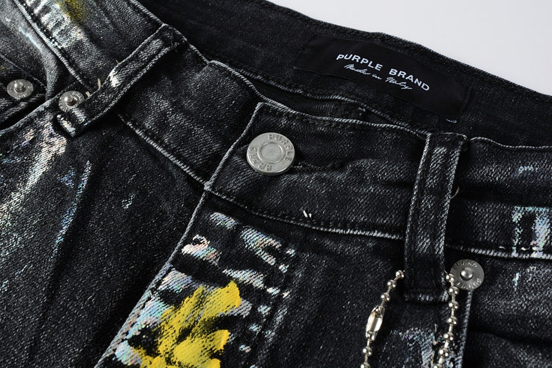 PURPLE  Men Streetwear Skinny Jeans Black Wash with Colorful Graffiti Paint Splash 9078