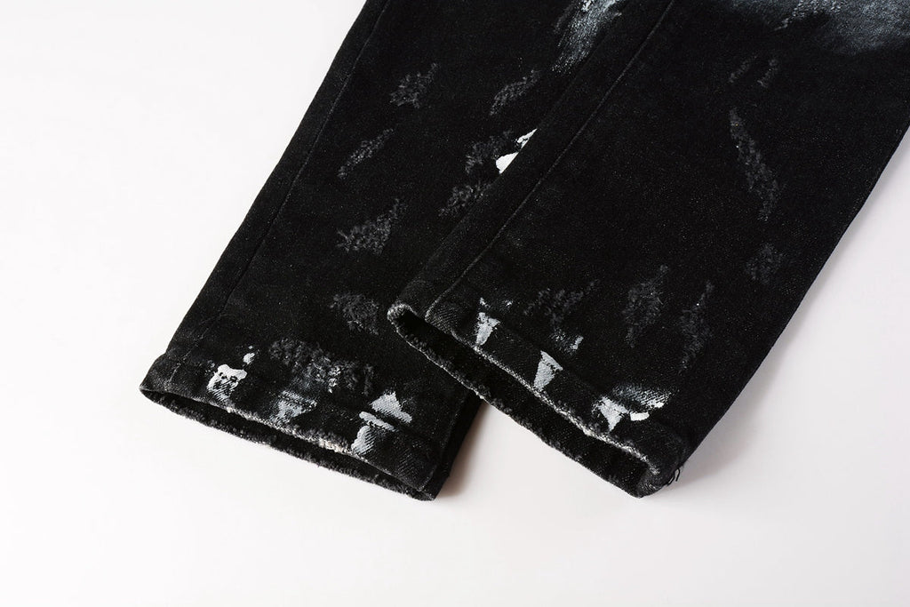 PURPLE  Men Streetwear Skinny Jeans Black and White Graffiti Wash with Multi - Color Paint Accents 9020