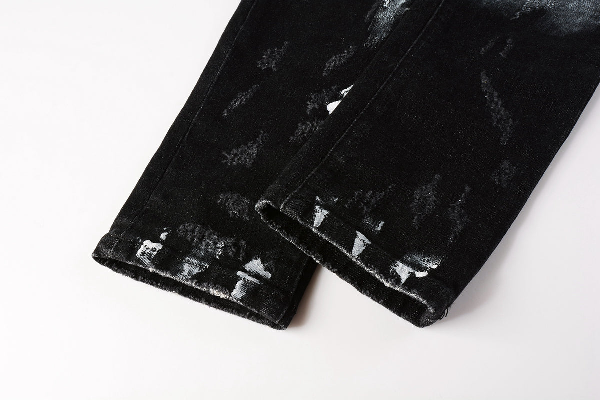 PURPLE  Men Streetwear Skinny Jeans Black and White Graffiti Wash with Multi - Color Paint Accents 9020