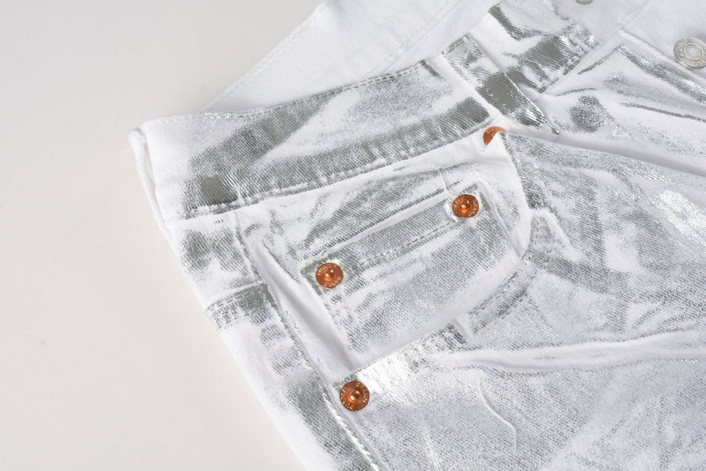 PURPLE  Men Streetwear Jeans Metallic Silver Coated Finish with Futuristic Shine Skinny Fit Statement 9110