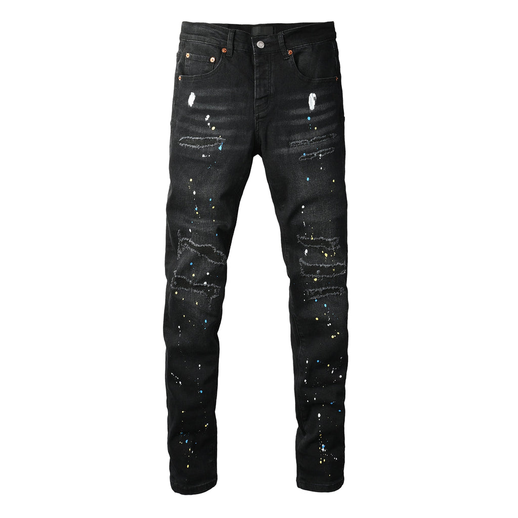 PURPLE  Men Streetwear Skinny Jeans Black Wash with Distressed Details and Multi - Color Paint Splash 9121