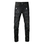 PURPLE  Men Streetwear Skinny Jeans Black Wash with Distressed Details and Multi - Color Paint Splash 9121