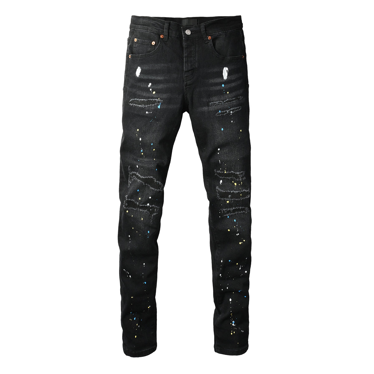 PURPLE  Men Streetwear Skinny Jeans Black Wash with Distressed Details and Multi - Color Paint Splash 9121