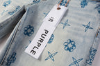 PURPLE  Men Streetwear Skinny Jeans Light Blue Wash with White Paint Brush Strokes 9063