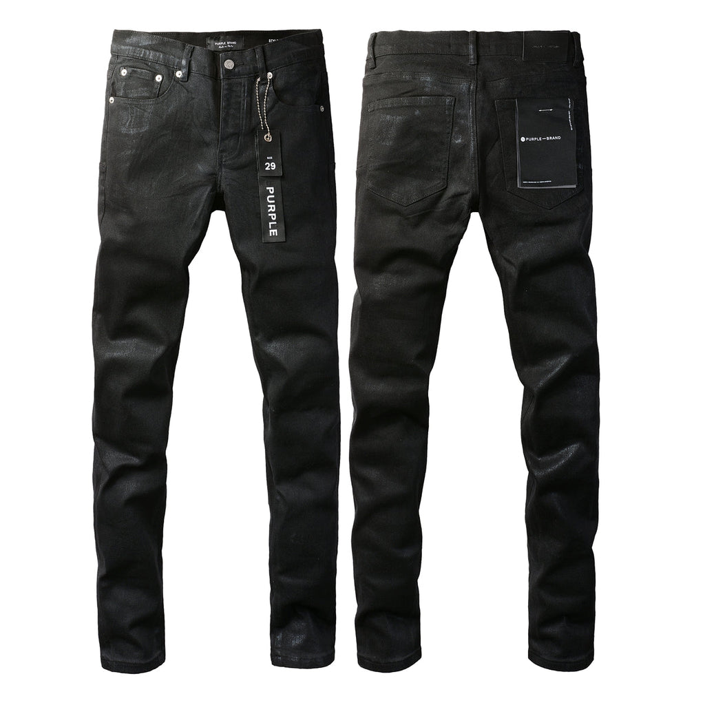 PURPLE  Men Streetwear Skinny Jeans Black Wash with Subtle Sheen and Tag Accent 9082
