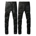 PURPLE  Men Streetwear Skinny Jeans Black Wash with Subtle Sheen and Tag Accent 9082