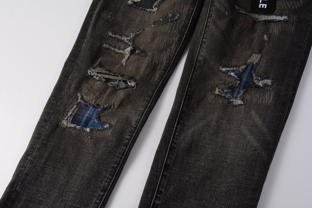 PURPLE  Men Streetwear Skinny Jeans Dark Gray Wash with Multi - Color Patched Distressed Details 9080