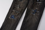 PURPLE  Men Streetwear Skinny Jeans Dark Gray Wash with Multi - Color Patched Distressed Details 9080